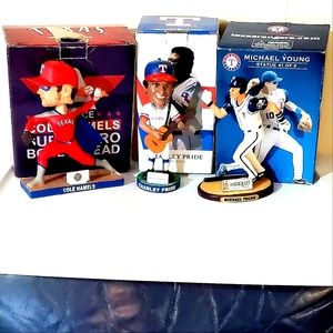 TEXAS RANGERS BOBLEHEADS AND STATUE. CHARLEY PRIDE, COLE HAMELS, MICHAEL YOUNG.